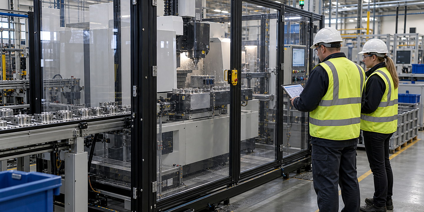 A CNC turning cell in use with an engineered sliding guard, clear viewing panel, coolant containment and operator loading position.