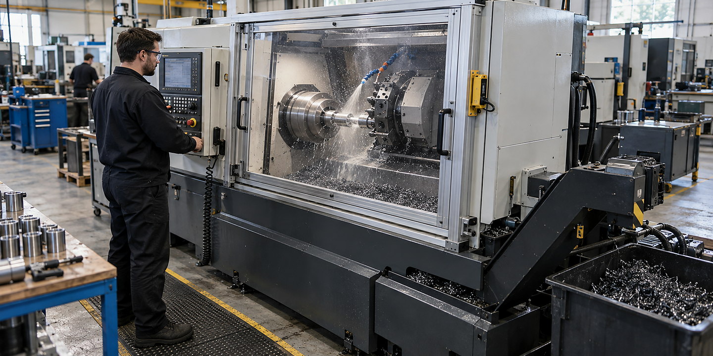 A CNC turning cell in use with an engineered sliding guard, clear viewing panel, coolant containment and operator loading position.